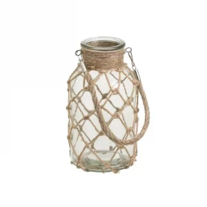 JARRÓN PORTAVELAS CON CUERDA VIDRIO 10 X 10 X 20 CM