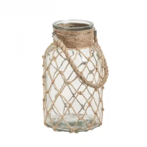 JARRÓN PORTAVELAS CON CUERDA VIDRIO 14 X 14 X 26 CM