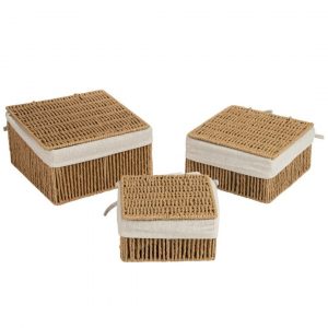 JUEGO DE 3 CESTAS CON TAPA PAPEL TOSTADO 23 x 23 x 12.5cm