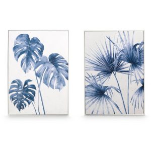 CUADRO LIENZO MARCO BLANCO HOJAS AZUL 3 x 50 x 70 cm