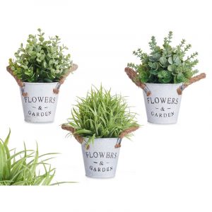 PLANTA FLOR VERDE ENVEJECID BOTE METAL 24CM SURT